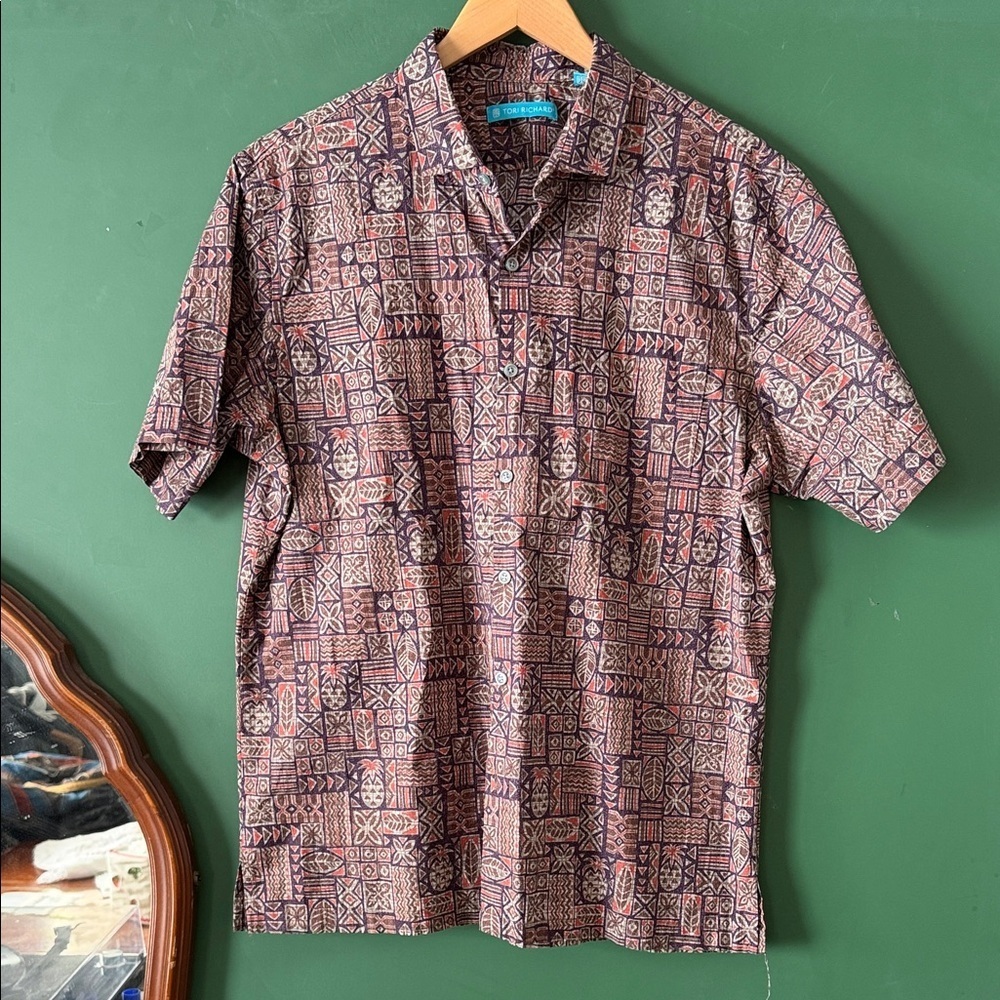 Tori Richard Printed Cotton Lawn Mens L Short-sleeve Woven Brown Eggplant